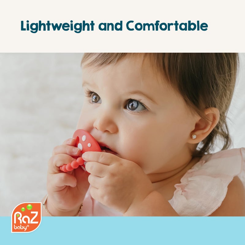 Razbaby لعبة عضاضة رازبابي الناعمة من السيليكون للأطفال والرضع 3M+ مع شعيرات تدليك لتخفيف آلام التسنين - تهدئة اللثة المؤلمة - عضاضة شومبي سهلة الإمساك وخالية من BPA (أحمر/أخضر) - Image 4