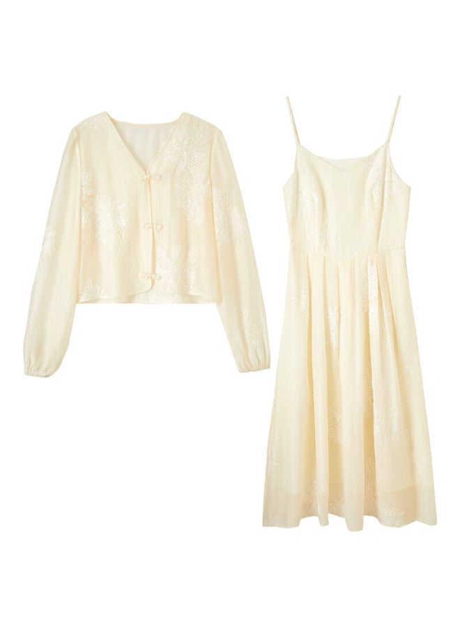 Sentubila Elegant Summer Outfit Set: Heavy Embroidered Frog Button Top + Spaghetti Strap Dress Two-piece Set, Yunshuang, L - Image 3