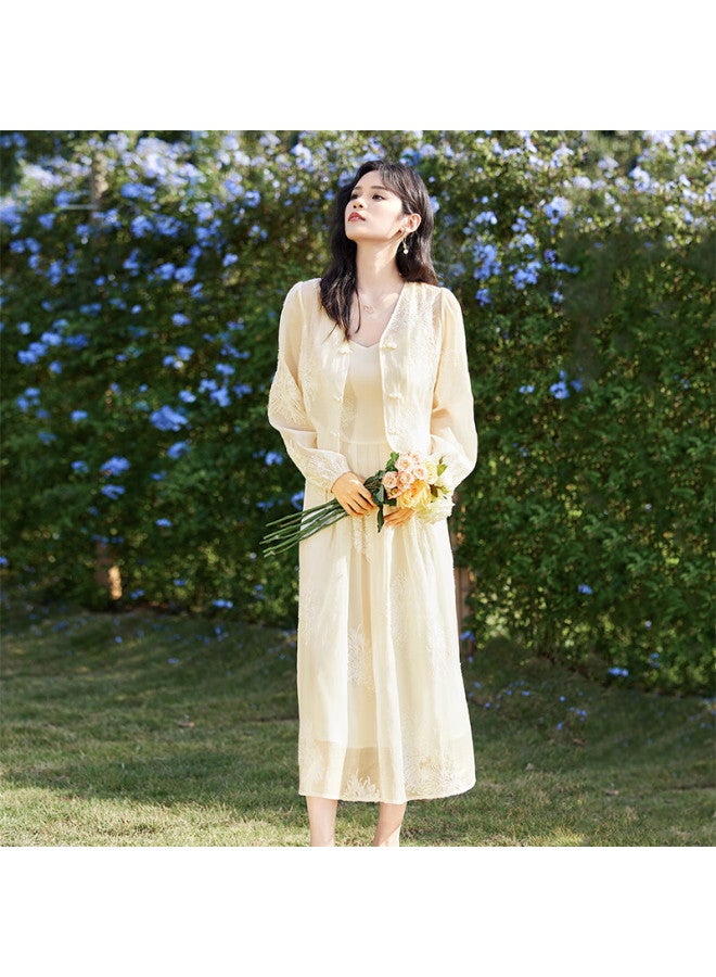 Sentubila Elegant Summer Outfit Set: Heavy Embroidered Frog Button Top + Spaghetti Strap Dress Two-piece Set, Yunshuang, L - Image 2