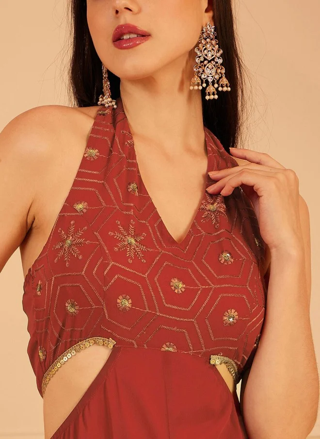 Indo Street Rust Self Design Halter Neck Jumpsuit for Women