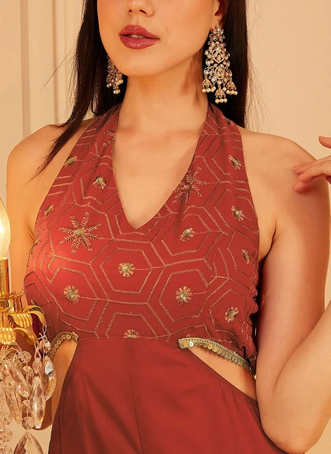 Indo Street Rust Self Design Halter Neck Jumpsuit for Women