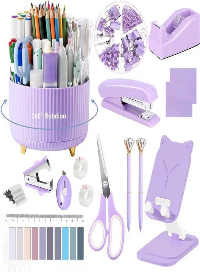 suniya Office Supplies,Desk Accessories,with Stapler,Tape Dispenser,Staple Remover,Scissor,Ballpoint Pen,Sticky Notes,Clear Tape,Staples,Desk Organizer,Phone Stand,Binder,Index Tabs,Best Gift Set(Purple) - Image 1