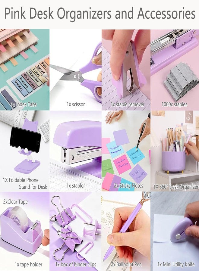 suniya Office Supplies,Desk Accessories,with Stapler,Tape Dispenser,Staple Remover,Scissor,Ballpoint Pen,Sticky Notes,Clear Tape,Staples,Desk Organizer,Phone Stand,Binder,Index Tabs,Best Gift Set(Purple) - Image 5