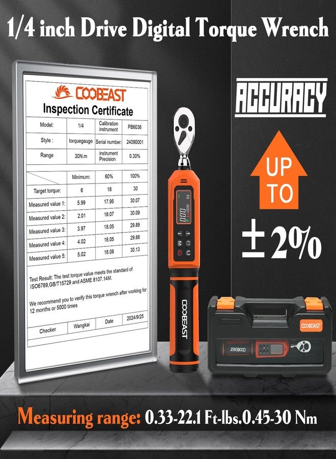 coobeast Digital Torque Wrench 1/4 Drive, 0.33-22.1 Ft.lbs./0.45-30Nm Range, Electronic Torque Screwdriver with Dual Direction Ratchet, Buzzer and LED Alert for Bicycle, Bike, DIY and Home Repair - Image 3