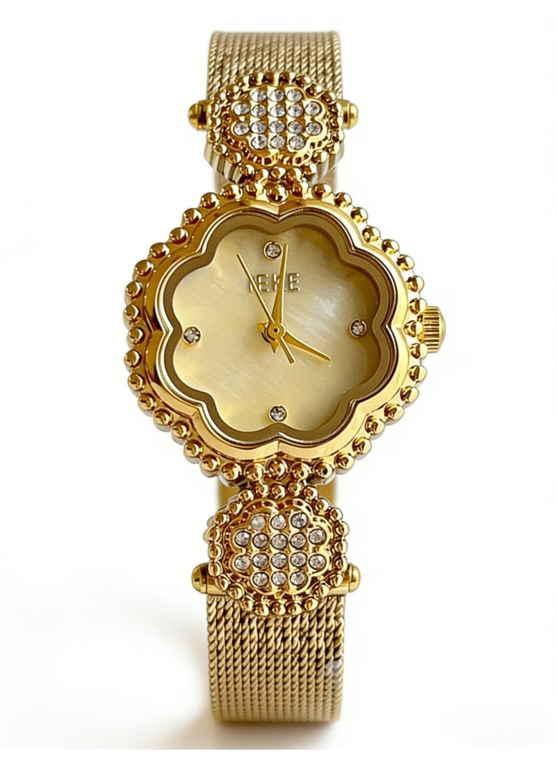 اياكي IEKE Best-Selling Gold Flower-Shaped Watch - Luxury Crystal-Accented Champagne Mother-of-Pearl Dial Mesh Bracelet Women's Quartz Wristwatch (Trending Hot Item) - Image 1