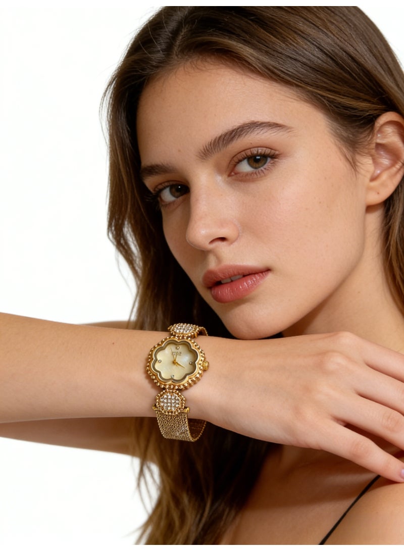 اياكي IEKE Best-Selling Gold Flower-Shaped Watch - Luxury Crystal-Accented Champagne Mother-of-Pearl Dial Mesh Bracelet Women's Quartz Wristwatch (Trending Hot Item) - Image 4