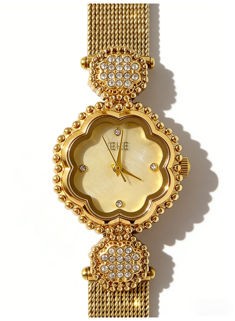 اياكي IEKE Best-Selling Gold Flower-Shaped Watch - Luxury Crystal-Accented Champagne Mother-of-Pearl Dial Mesh Bracelet Women's Quartz Wristwatch (Trending Hot Item) - Image 2