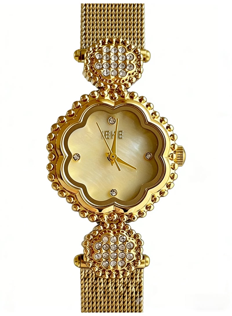 اياكي IEKE Best-Selling Gold Flower-Shaped Watch - Luxury Crystal-Accented Champagne Mother-of-Pearl Dial Mesh Bracelet Women's Quartz Wristwatch (Trending Hot Item) - Image 3