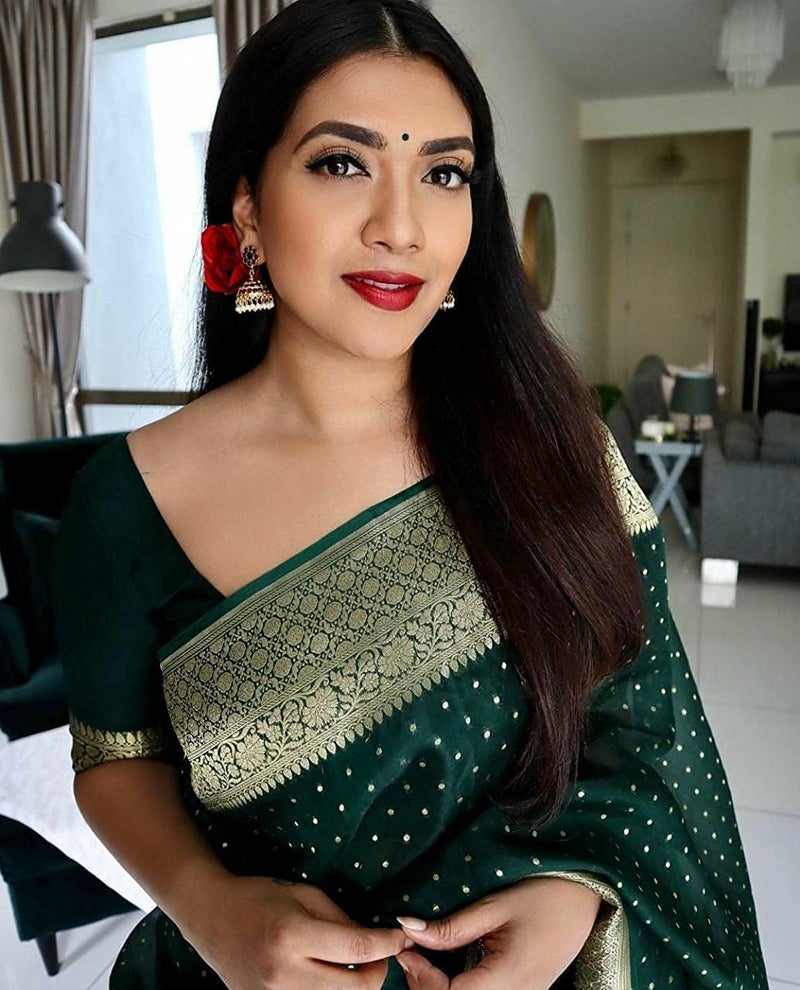 avantika fashion ساري باناراسي من الحرير للسيدات والفتيات مع قطعة بلوزة (كوفاي باتو_أخضر) - Image 4