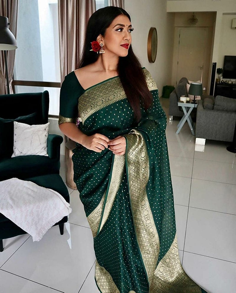 avantika fashion ساري باناراسي من الحرير للسيدات والفتيات مع قطعة بلوزة (كوفاي باتو_أخضر) - Image 3