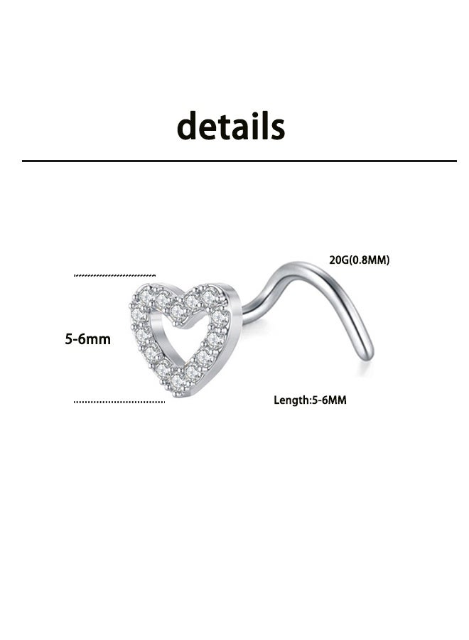Hypoallergenic Surgical Stainless Steel Nose Rings Studs For Women Men Screw Shape Nose Studs Heart CZ Nose Studs  Silver  Nose Piercings Studs - Image 2