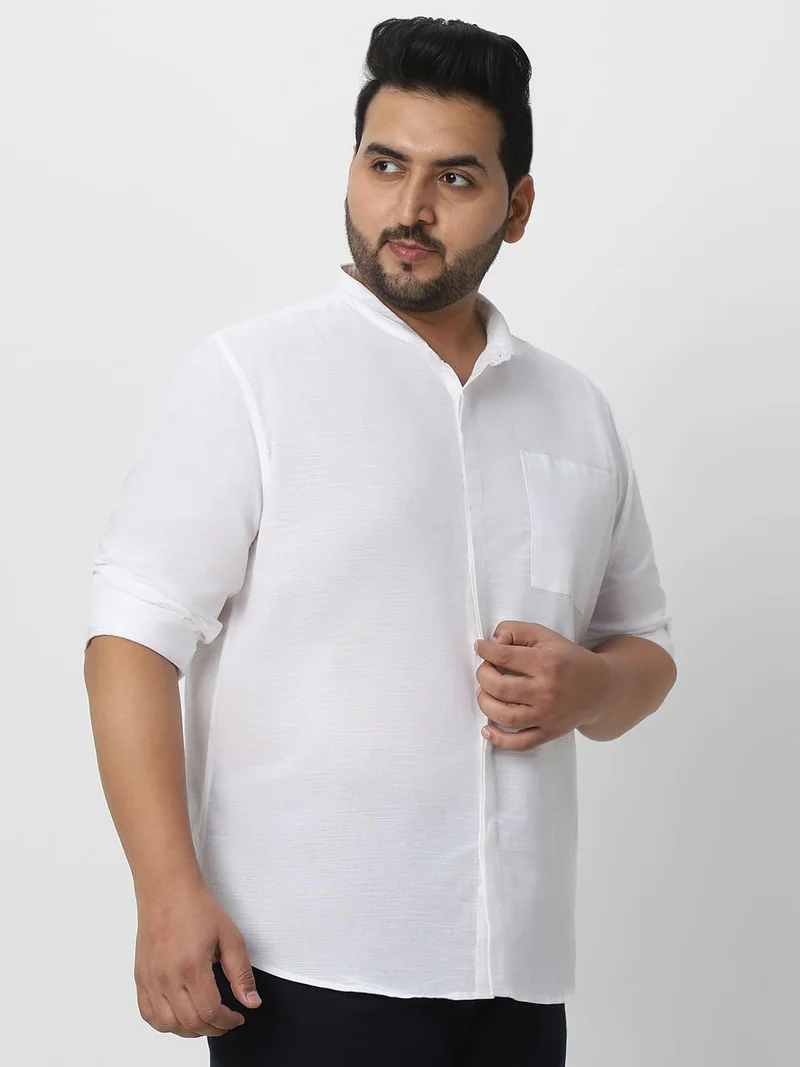 Urbano Fashion  Urbano Plus Men's White Cotton Full Sleeve Regular Fit Casual Solid Shirt with Band Collar  | Best Price UAE