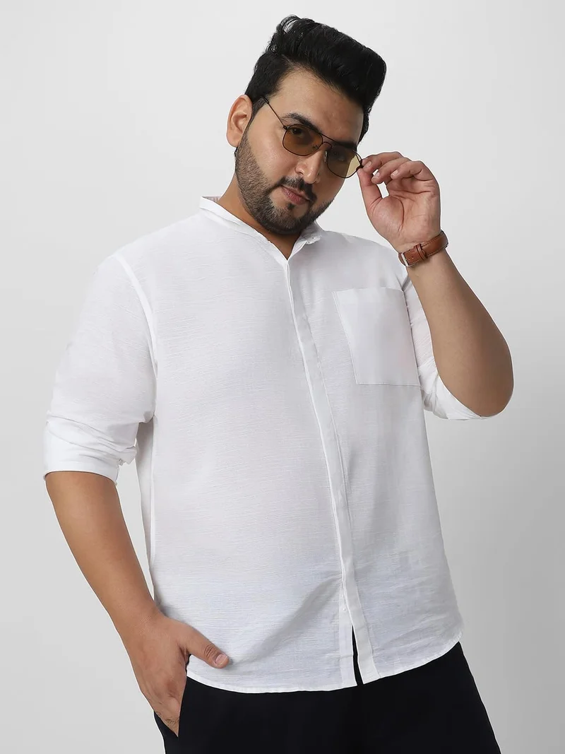 Urbano Plus Men's White Cotton Full Sleeve Regular Fit Casual Solid Shirt with Band Collar