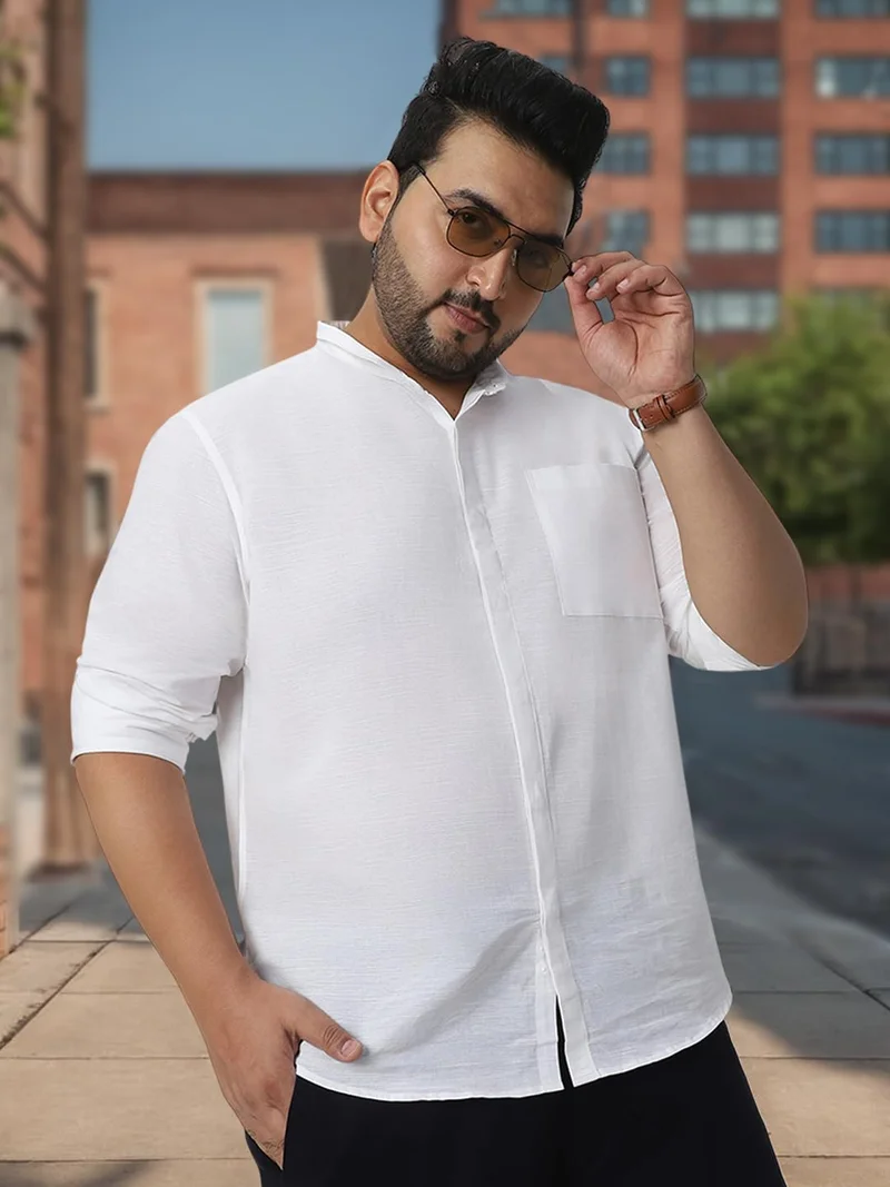 Urbano Fashion  Urbano Plus Men's White Cotton Full Sleeve Regular Fit Casual Solid Shirt with Band Collar  | Best Price UAE