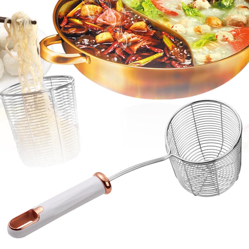 Deepened Skimmer Spoon Kitchen Oil Spoon Mesh Strainer Hot Pot Noodles Strainer for Noodles Cooking Hot Pot Ingredients, white handle - Image 2