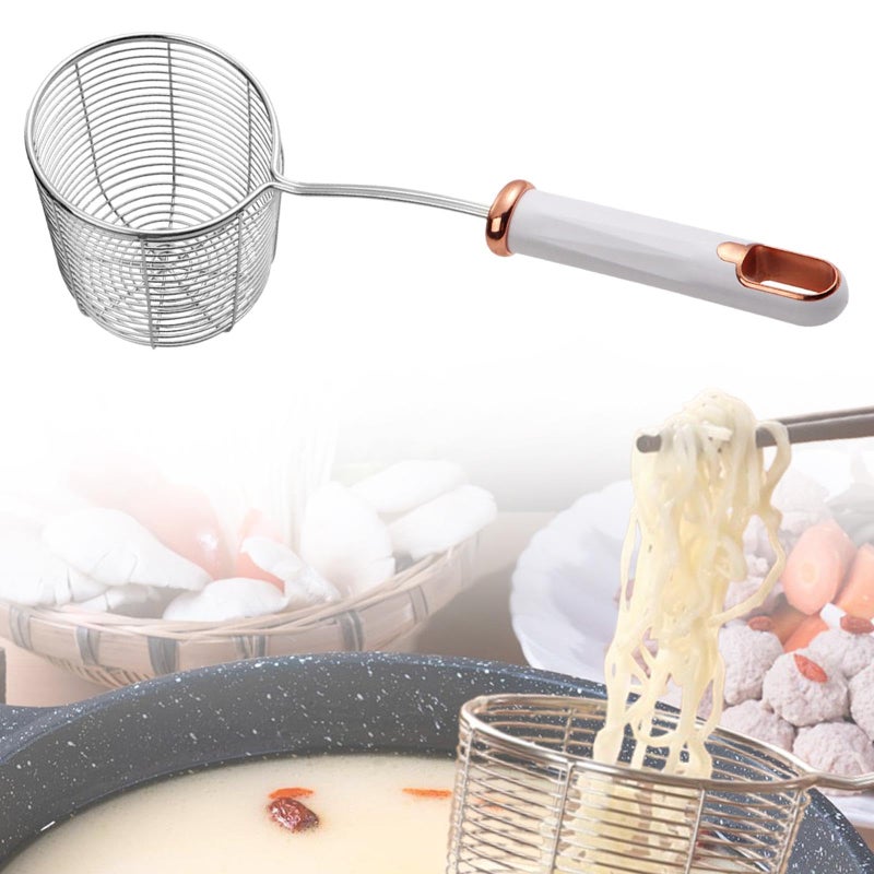 Deepened Skimmer Spoon Kitchen Oil Spoon Mesh Strainer Hot Pot Noodles Strainer for Noodles Cooking Hot Pot Ingredients, white handle - Image 5