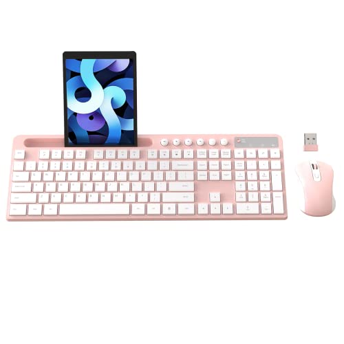 MARVO Wireless Keyboard and Mouse Combo, MARVO 2.4G Ergonomic Wireless Computer Keyboard with Phone Tablet Holder, Silent Mouse with 6 Button, Compatible with MacBook, Windows (Pink) - Image 1