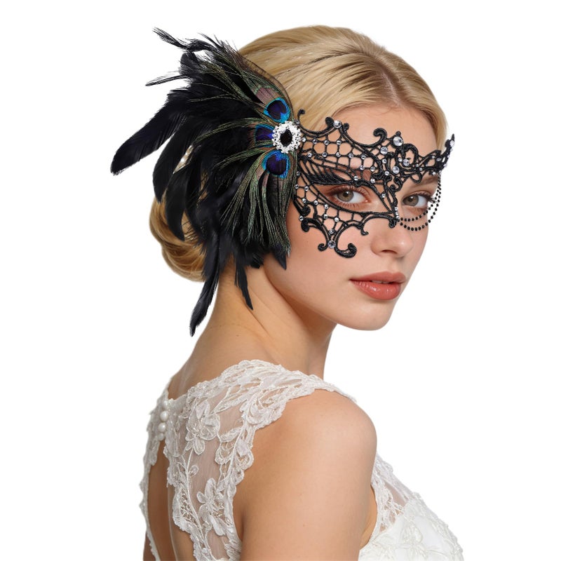 BEARAE Masquerade Mask for Women, Feather Lace Mardi Gras Mask, Peacock Venetian Costume Masks for Womens Masquerade Party (Black) - Image 1