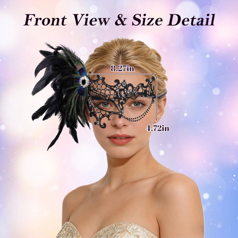 BEARAE Masquerade Mask for Women, Feather Lace Mardi Gras Mask, Peacock Venetian Costume Masks for Womens Masquerade Party (Black) - Image 2