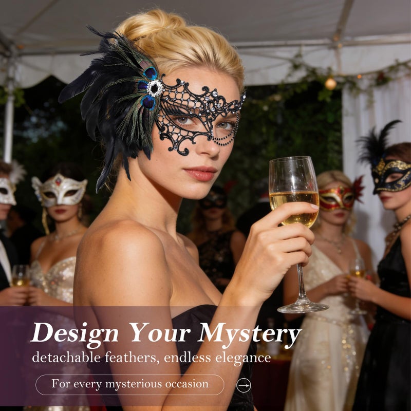 BEARAE Masquerade Mask for Women, Feather Lace Mardi Gras Mask, Peacock Venetian Costume Masks for Womens Masquerade Party (Black) - Image 5