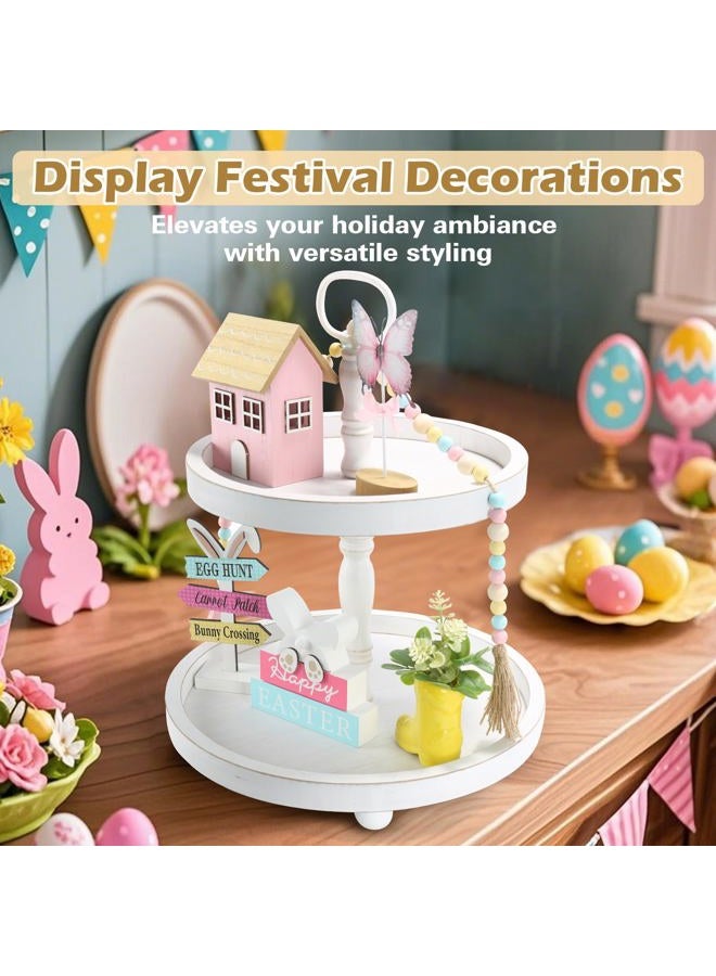 SYNCVIBE Wooden Two Tiered Tray Stand, Farmhouse Decorative Round Serving Tray with Metal Handle for Home, Kitchen Table Decor, Coffee Bar, Seasonal Holiday Decorations,Fruits and Cupcake Display (White) - Image 4