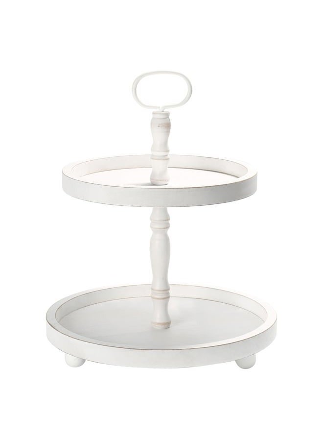 SYNCVIBE Wooden Two Tiered Tray Stand, Farmhouse Decorative Round Serving Tray with Metal Handle for Home, Kitchen Table Decor, Coffee Bar, Seasonal Holiday Decorations,Fruits and Cupcake Display (White) - Image 1