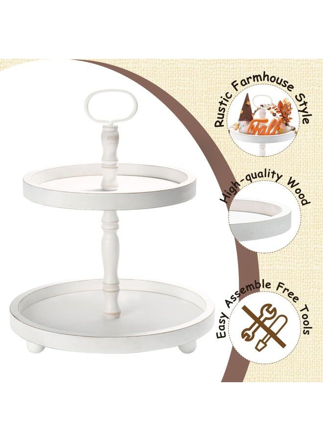 SYNCVIBE Wooden Two Tiered Tray Stand, Farmhouse Decorative Round Serving Tray with Metal Handle for Home, Kitchen Table Decor, Coffee Bar, Seasonal Holiday Decorations,Fruits and Cupcake Display (White) - Image 5