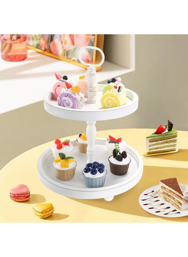 SYNCVIBE Wooden Two Tiered Tray Stand, Farmhouse Decorative Round Serving Tray with Metal Handle for Home, Kitchen Table Decor, Coffee Bar, Seasonal Holiday Decorations,Fruits and Cupcake Display (White) - Image 3