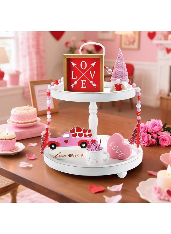SYNCVIBE Wooden Two Tiered Tray Stand, Farmhouse Decorative Round Serving Tray with Metal Handle for Home, Kitchen Table Decor, Coffee Bar, Seasonal Holiday Decorations,Fruits and Cupcake Display (White) - Image 2