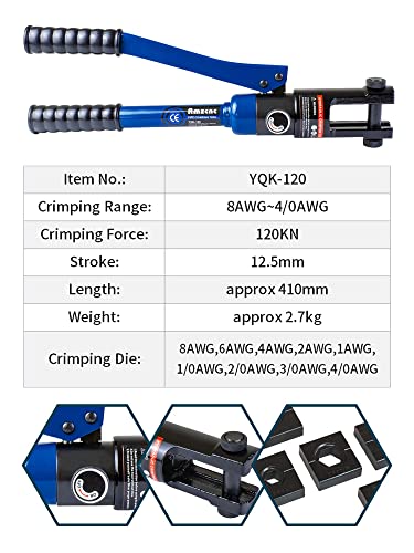 AMZCNC 12 Ton Hydraulic Crimping Tool with 9 Standard American Dies, Crimps 8AWG to 4/0 AWG, Hardened Steel Construction with Oxidized Surface for Durability(Standard US 8AWG to 4/0AWG) - Image 2
