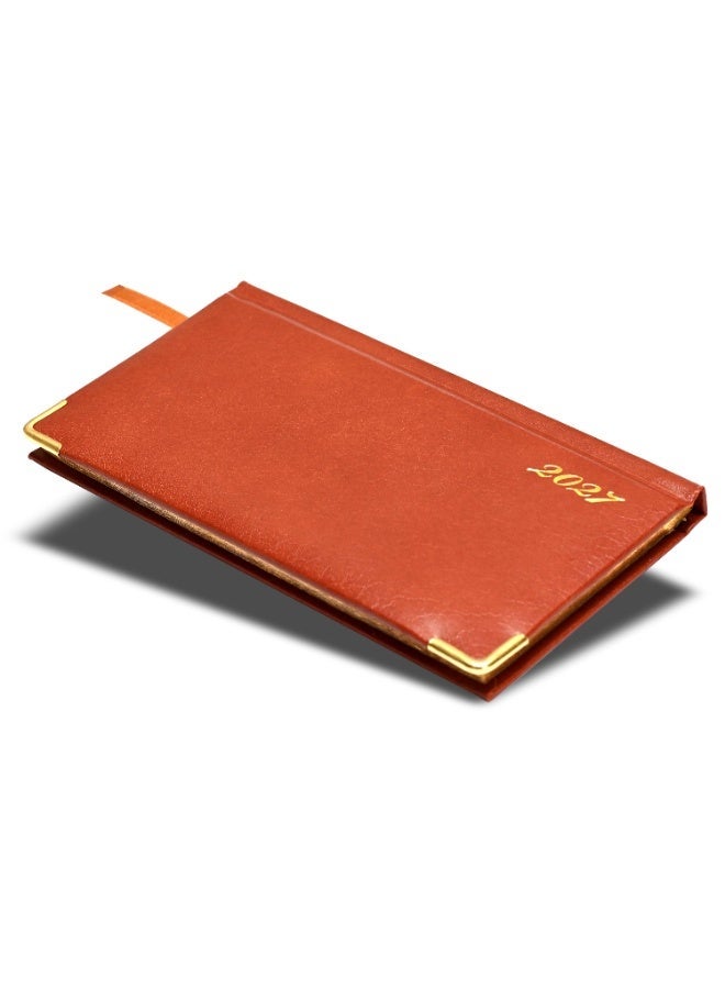 FIS 2027 Golden Slim Diary, Slim Size 170x90mm, 1 Sided Padded Vinyl Cover, Round Corners, Gold Gilded Edges, Landscape Format, English, 60gsm White Paper, Brown Color - FSDI52EG27BR - Image 1