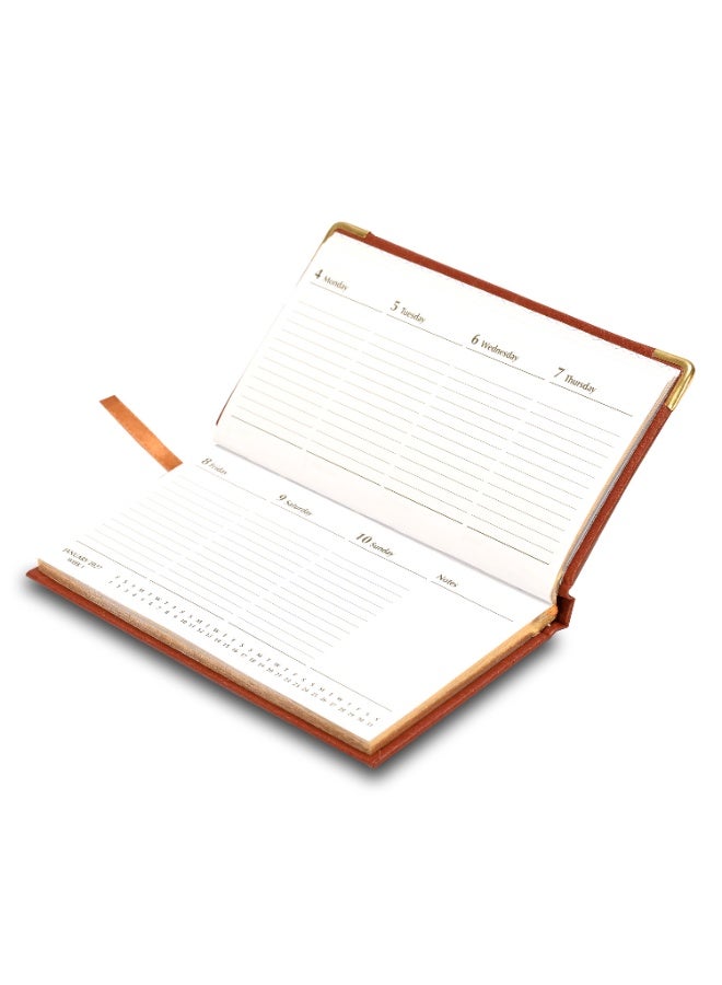 FIS 2027 Golden Slim Diary, Slim Size 170x90mm, 1 Sided Padded Vinyl Cover, Round Corners, Gold Gilded Edges, Landscape Format, English, 60gsm White Paper, Brown Color - FSDI52EG27BR - Image 2