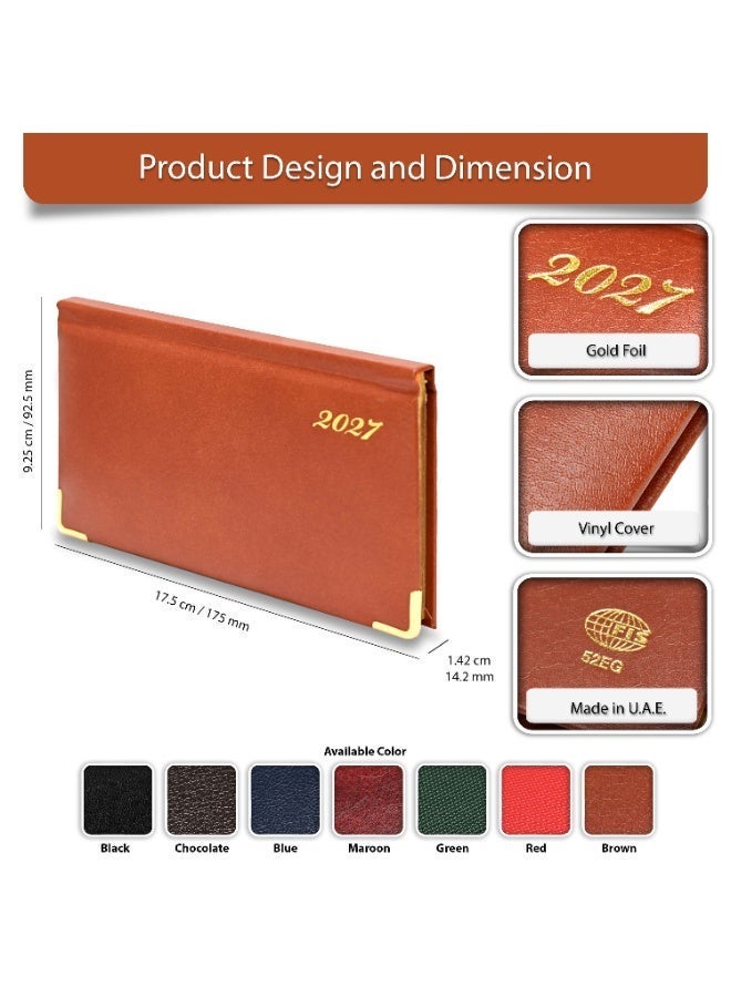 FIS 2027 Golden Slim Diary, Slim Size 170x90mm, 1 Sided Padded Vinyl Cover, Round Corners, Gold Gilded Edges, Landscape Format, English, 60gsm White Paper, Brown Color - FSDI52EG27BR - Image 3