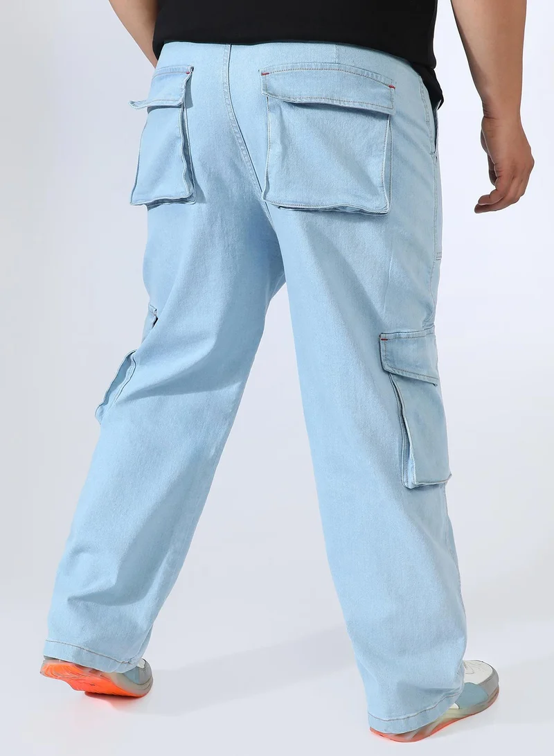 Instafab Plus Instafab Plus Men's Light Blue Utility Cargo Denim Jeans For Casual Wear | Mid-Rise | Straight Fit | Button Closure | Plus-Size Denim Jeans Crafted With Comfort Fit For Everyday Wear