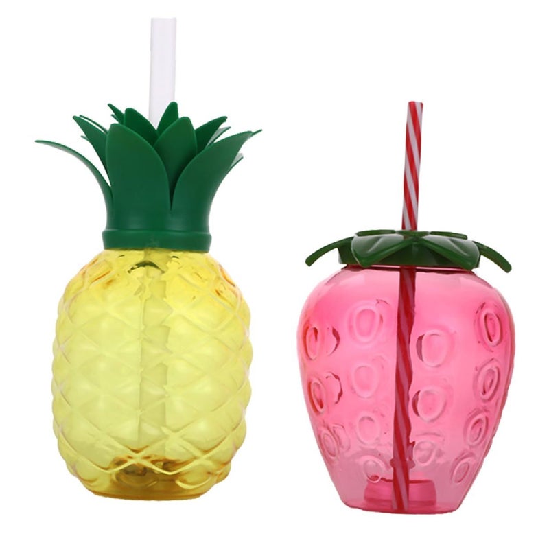 2 Reusable Plastic Pineapple Strawberry Cups With Straws For Hawaiian Beach Party Island Themed Drinkware Multicolor - Image 2