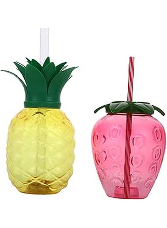 2 Reusable Plastic Pineapple Strawberry Cups With Straws For Hawaiian Beach Party Island Themed Drinkware Multicolor - Image 1