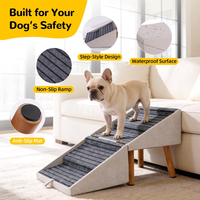 Ziluce 17.13" H Dog Stairs for Small Dogs, 2-in-1 Pet Steps & Ottoman - Foldable Dog Stairs for Couch, Non-Slip Wooden Pet Stairs for Puppy Senior Injured Dogs (Light Beige) - Image 4