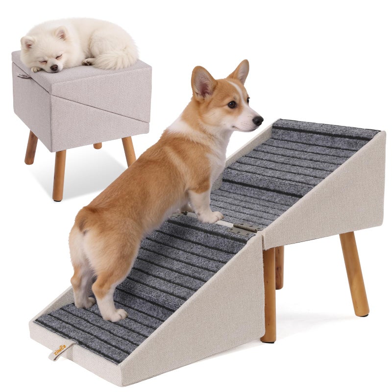 Ziluce 17.13" H Dog Stairs for Small Dogs, 2-in-1 Pet Steps & Ottoman - Foldable Dog Stairs for Couch, Non-Slip Wooden Pet Stairs for Puppy Senior Injured Dogs (Light Beige) - Image 1