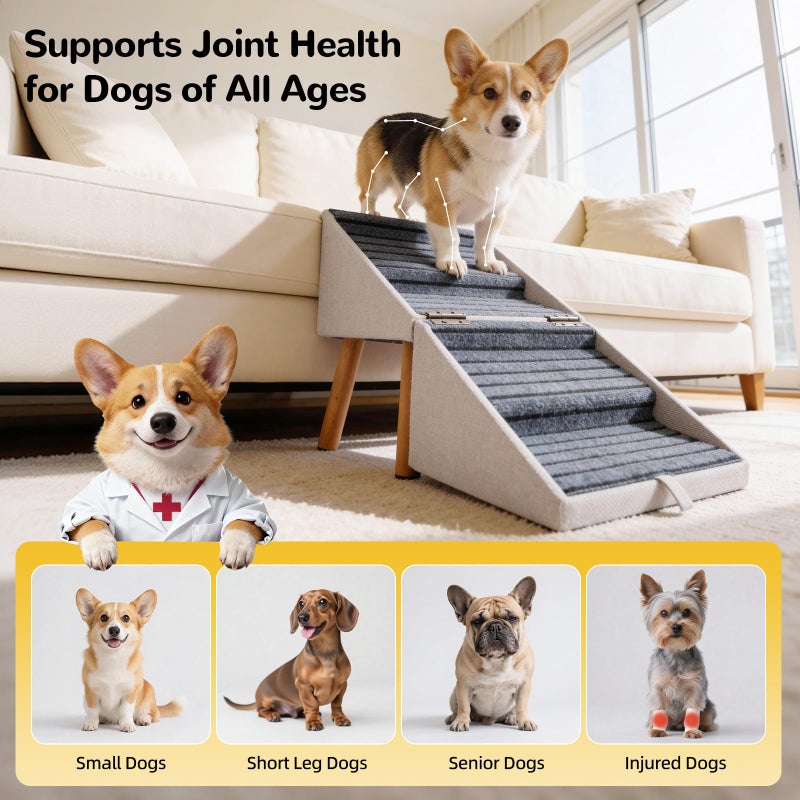 Ziluce 17.13" H Dog Stairs for Small Dogs, 2-in-1 Pet Steps & Ottoman - Foldable Dog Stairs for Couch, Non-Slip Wooden Pet Stairs for Puppy Senior Injured Dogs (Light Beige) - Image 2