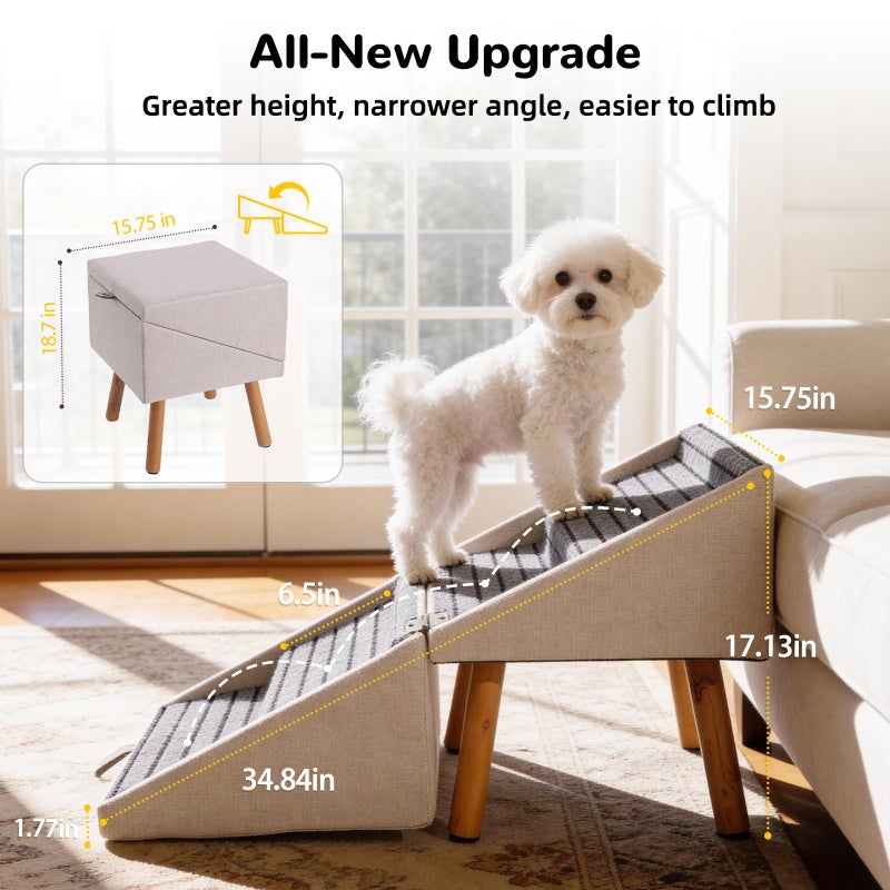 Ziluce 17.13" H Dog Stairs for Small Dogs, 2-in-1 Pet Steps & Ottoman - Foldable Dog Stairs for Couch, Non-Slip Wooden Pet Stairs for Puppy Senior Injured Dogs (Light Beige) - Image 3