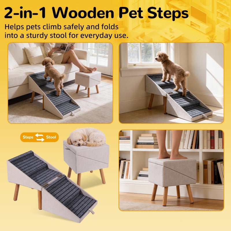 Ziluce 17.13" H Dog Stairs for Small Dogs, 2-in-1 Pet Steps & Ottoman - Foldable Dog Stairs for Couch, Non-Slip Wooden Pet Stairs for Puppy Senior Injured Dogs (Light Beige) - Image 5