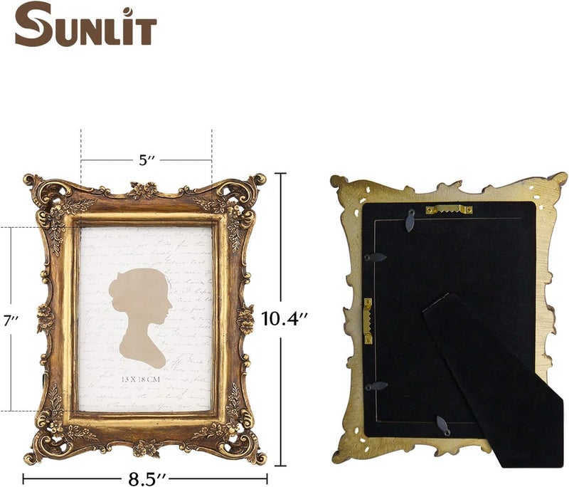 Sunlit Vintage Picture Frame 5x7 Inch, Luxury Antique Photo Frames with Glass Front, Photo Display, Tabletop Wall Hanging, Gift Ideas, Bronze Gold - Image 2