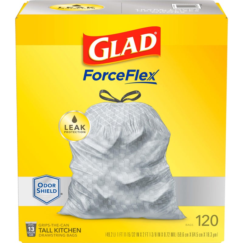 Glad Glad Trash Bags ForceFlex Tall Kitchen Drawstring Garbage Bags 13 Gallon White Trash Bag for Kitchen Trash Can Odor Shield Odor Eliminator Leak Protection 120 Count 