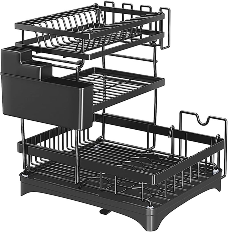 Dratal Large Carbon Steel Over The Sink Dish Drying Rack 15 X 16 X 12 2 Tier Length Adjustable Dish Drainer for Kitchen Sink Auto Drainage Space Saving Kitchen Organizer Black - Image 1
