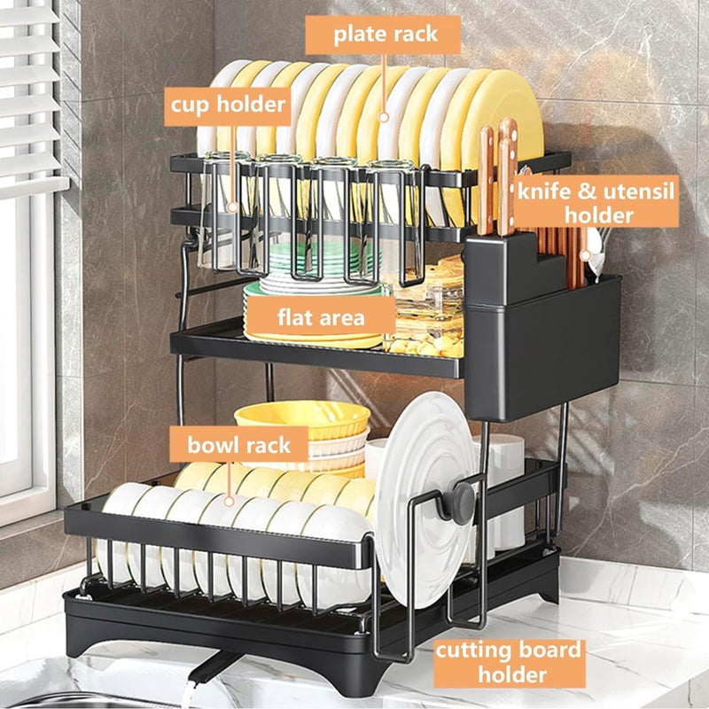 Dratal Large Carbon Steel Over The Sink Dish Drying Rack 15 X 16 X 12 2 Tier Length Adjustable Dish Drainer for Kitchen Sink Auto Drainage Space Saving Kitchen Organizer Black - Image 3