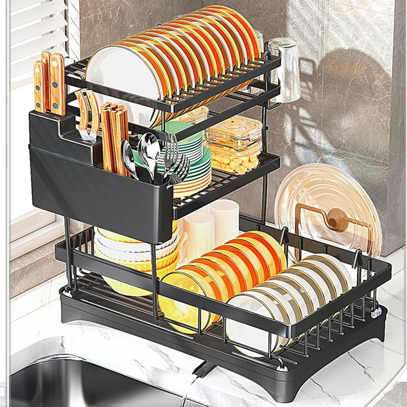 Dratal Large Carbon Steel Over The Sink Dish Drying Rack 15 X 16 X 12 2 Tier Length Adjustable Dish Drainer for Kitchen Sink Auto Drainage Space Saving Kitchen Organizer Black - Image 2