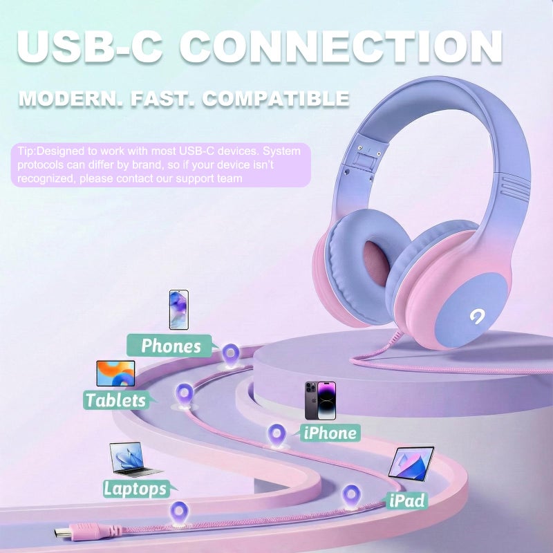 ADOOPE Wired Kids Headphones with USB C Plug, 85dB Safe Volume, Adjustable Headband, Tangle-Free Cord Headphones for School, Tablet, Travel (Light Purple & Pink, Without Microphone) - Image 4