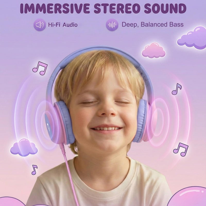 ADOOPE Wired Kids Headphones with USB C Plug, 85dB Safe Volume, Adjustable Headband, Tangle-Free Cord Headphones for School, Tablet, Travel (Light Purple & Pink, Without Microphone) - Image 3