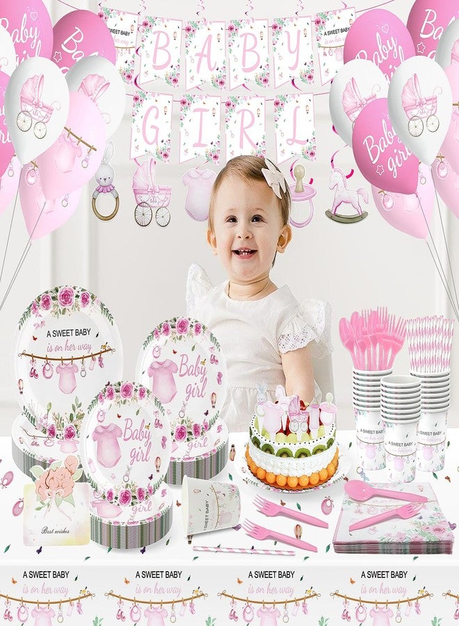 LLOERE 218 Pcs Baby Shower Decorations Girl, Baby Shower Party Plates and Cups and Napkins Sets,24-Pack Pink & Floral Design for Girl Gender Reveal Decorations,13-Piece Party Supplies for Baby Girls Themes - Image 5