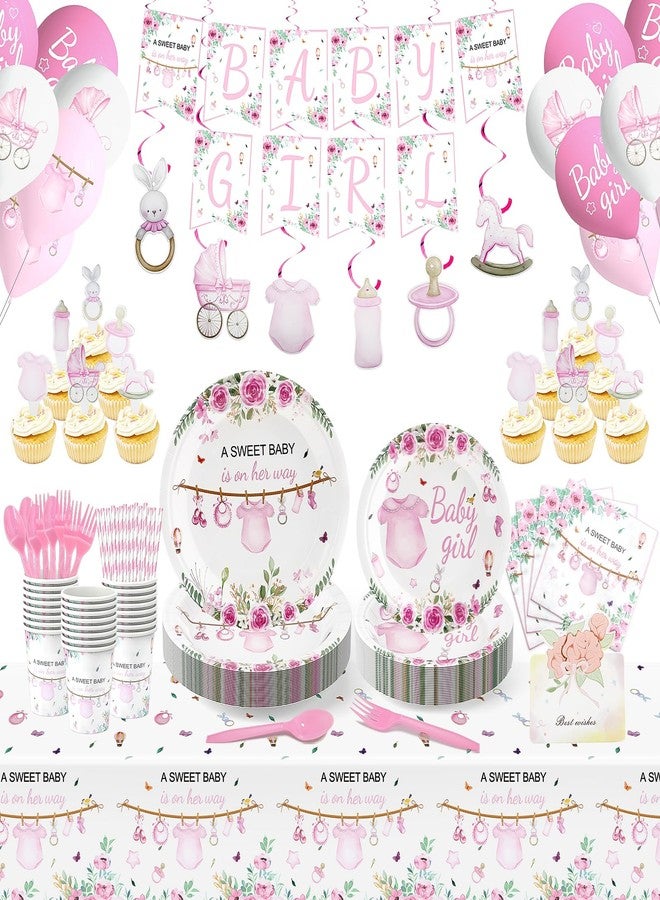 LLOERE 218 Pcs Baby Shower Decorations Girl, Baby Shower Party Plates and Cups and Napkins Sets,24-Pack Pink & Floral Design for Girl Gender Reveal Decorations,13-Piece Party Supplies for Baby Girls Themes - Image 1
